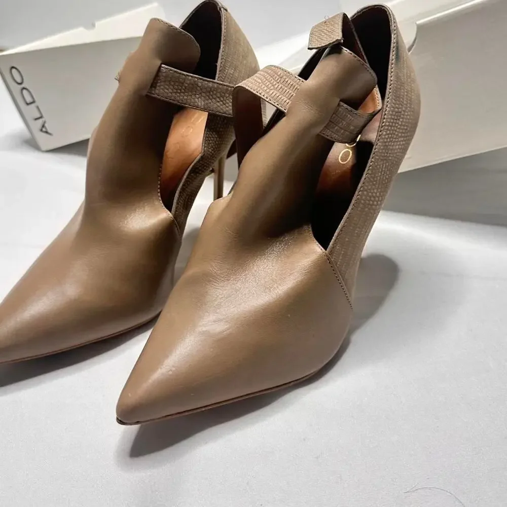 Aldo pointed toe stiletto heel and ankle strap. A pump with a flap in the front